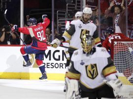 Washington Capitals forward Evgeny Kuznetsov, back left, of Russia, celebrates his goal against Vegas Golden Knights goaltender Marc-Andre Fleury, during the second period in Game 3 of the NHL  Stanley Cup Finals, (Image: Alex Brandon/AP)