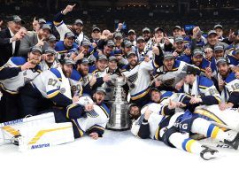 The Saint Louis Blues pose with the Stanley Cup after defeating the Boston Bruins in Game 7 of the Finals. (Image: Getty)