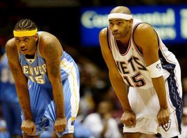 Ex-Nuggets star Carmelo Anthony and ex-Nets Vince Carter playing at the Meadowlands in New Jersey in 2005-06. (Image: Ron Antonelli/NY Daily News)