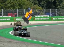 Alex Peroni's Formula 3 car is airborne after hitting a sausage curb at Monza (Image: FoxSports)