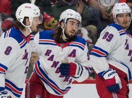 Rangers center Mika Zibanejad celebrates a goal with his teammates in a victory over the Ottawa Senators. (Image: Marc DesRosiers/AP)