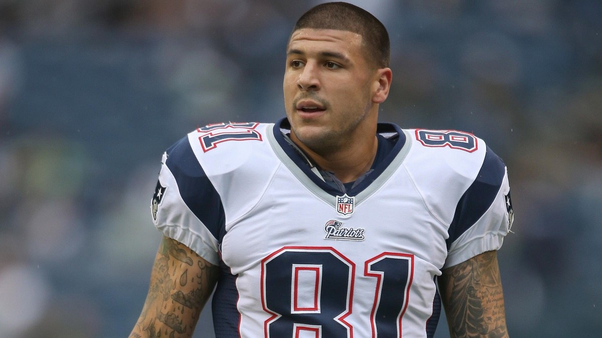 Aaron Hernandez, tight end for the New England Patriots from 2010-2012, during a pregame warmups in Foxboro, MA. (Image: Otto Greule Jr./Getty)