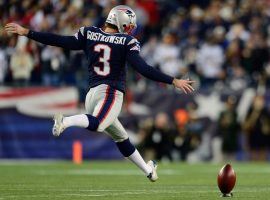 Ex-New England Patriots kicker, Stephen Gostkowski, kicking off during a game at Gillette Field in Foxboro, MA in 2018. (Image: Ryan Mansfield/Getty)