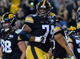 Aug 31, 2019; Iowa City, IA, USA; Iowa Hawkeyes offensive lineman Tristan Wirfs (74) reacts during the game against the Miami (Oh) Redhawks at Kinnick Stadium. Mandatory Credit: Jeffrey Becker-USA TODAY Sports