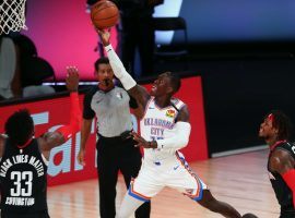 Dennis Schroder of the OKC Thunder drives to the basket against the Houston Rockets in Game 4. (Image: Getty)