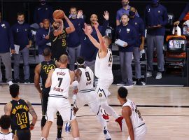 Anthony Davis of the LA Lakers squares up for a buzzer-beater against the Denver Nuggets in Game 2. (Image: Kevin C. Cox/Getty)