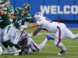 The Buffalo Bills defense harasses NY Jets QB Sam Darnold at Orchard Park, NY. (Image: Getty)