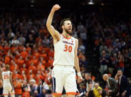 CHARLOTTESVILLE, VA - MARCH 07: Jay Huff #30 of the Virginia Cavaliers celebrates in the second half during a game against the Louisville Cardinals at John Paul Jones Arena on March 7, 2020 in Charlottesville, Virginia. (Photo by Ryan M. Kelly/Getty Images)