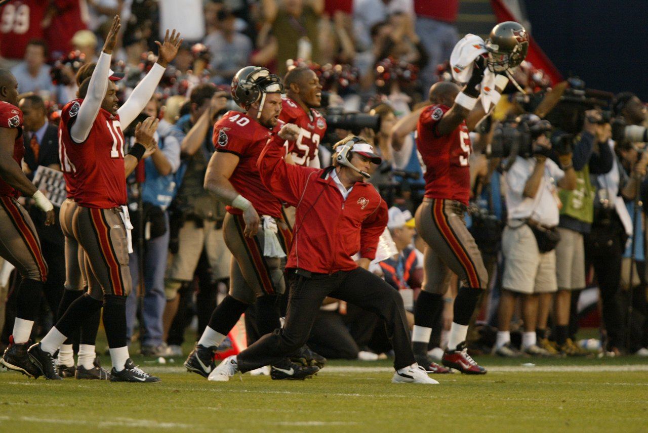 Head coach Jon Gruden celebrates the Tampa Bay Bucs clinching a victory in Super Bowl XXXVII. (Image: Rod Millington/Tampa Bay Bucs)