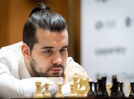 Ian Nepomniachtchi knocked off Magnus Carlsen to reach the finals of the Magnus Carlsen Invitational, where heâ€™ll face Anish Giri. (Image: Niki Riga/World Chess)