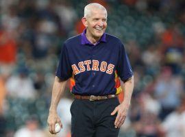 Jim 'Mattress Mack' McIngvale, seen here throwing out the first pitch at a Houston Astros game in 2019, made headlines once again with a seven-figure wager on March Madness. (Image: Troy Taormina/USA Today Sports)