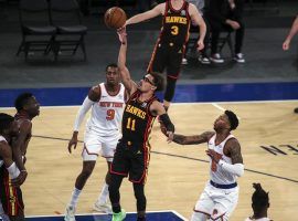 Trae Young of the Atlanta Hawks, seen here driving the lane against the New York Knicks, before his ankle injury. (Image: Wendell Cruz/USA Today Sports)