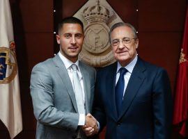 Real Madrid president Florentino Perez welcoming Belgian superstar Eden Hazard to Real Madrid. (Image: Twitter / @RealMadrid)