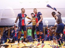 PSG's players celebrate knocking out trophy holders Bayern Munich in the Champions League quarterfinals. Image: Twitter / @PSG_Inside