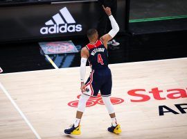 Russell Westbrook of the Washington Wizards sets the NBA allt0ime triple-double record in the fourth quarter against the Atlanta Hawks at State Farm Arena. (Image: Casey Sykes/Getty)