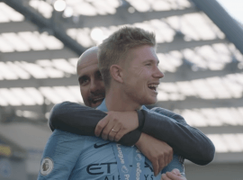 Pep Guardiola and Kevin De Bruyne share a moment after City won the Premier League this season. (Image: Youtube / BTSport)