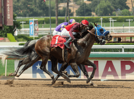 Dr Schivel and Flavien Prat made their move just in time to score a head victory in the colt's return from a 9 1/2-month layoff. (Image: Benoit Photography)