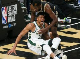 Giannis Antetokounmpo from the Milwaukee Bucks screams after suffering a knee injury while trying to block a dunk by Clint Capela (right) of the Atlanta Hawks in Game 4 of the Eastern Conference Finals. (Image: Getty)