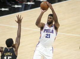 Joel Embiid from the Philadelphia 76ers squares up for a 3-point shot against the Atlanta Hawks in the Eastern Conference semifinals. (Image: Brett Davis/USA Today Sports)