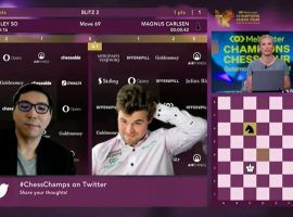 Magnus Carlsen breathed a sign of relief after surviving a furious comeback from Welsey So in the Goldmoney Asian Rapid quarterfinals. (Image: Youtube/chess24)