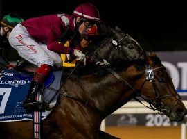 Mishriff, seen here winning the Sheema Dubai Classic in March, is the 13/8 favorite in Saturday's Group 1 Eclipse Stakes at Sandown Park. (Image: Mathea Kelly/Dubai Jockey Club)