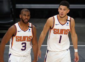 Chris Paul and Devin Booker from the Phoenix Suns are the top two favorites on the prop betting board to win the 2021 NBA Finals MVP. (Image: Getty)