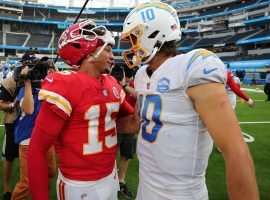 Patrick Mahomes from the Kansas City Chiefs and Justin Herbert of the Los Angeles Chargers has a post-game chat last season on SoFi Stadium in LA last season. (Image: Porter Lambert/Getty)