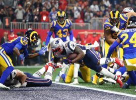 ony Michel dives for a touchdown for the New England Patriots against the LA Rams in Super Bowl 53. (Image: Mark J. Rebalis/USA Today Sports)