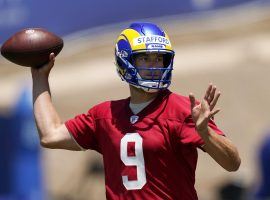 Matthew Stafford drops back in a passing drill during the LA Rams training camp. (Image: Peter Carini/Getty)