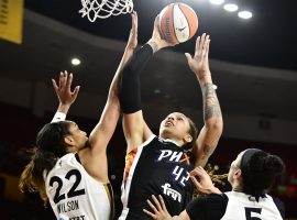 Brittney Griner will try to lead a shorthanded Phoenix Mercury team against the Las Vegas Aces in Game 5 of their WNBA semifinal series on Friday. (Image: Barry Gossage/NBAE/Getty)