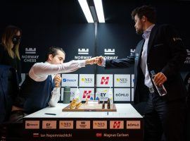 World Chess Champion Magnus Carlsen (right) will defend his title against Ian Nepomniachtchi (left) in a 14-game match beginning on Friday in Dubai. (Image: Norway Chess)