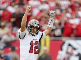 Tom Brady from the Tampa Bay Bucs celebrates a touchdown pass. (Image: Getty)