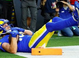 Cooper Kupp from the LA Rams snags a touchdown pass in the NFC Championship Game. (Image: Getty)