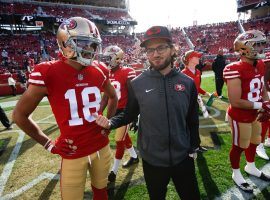 Mike McDaniel, former offensive coordinator of the San Francisco 49ers, during warm ups at Levi Stadium in Santa Clara. (Image: Michael Zagaris/Getty)