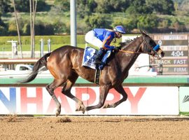 Top jockey Flavien Prat, here, piloting As Time Goes By to the Grade 1 Beholder Mile win at Santa Anita Saturday, is leaving California for lucrative races in Kentucky and New York. (Image: Benoit Photo)