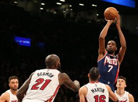 Kevin Durant from the Brooklyn Nets pulls up for a jumper against the Miami Heat. (Image: USA Today Sports)