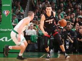 Payton Pritchard from the Boston Celtics defends Tyler Herro from the Boston Celtics in Game 3, when a groin injury flared up. (Image: Getty)