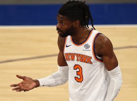 Center Nerlens Noel from the New York Knicks disputes a foul call at Madison Square Garden. (Image: Suzanne Greenburg/Getty)