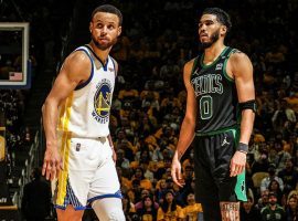 Steph Curry from the Golden State Warriors and Jayson Tatum of the Boston Celtics during the 2022 NBA Finals. (Image: Getty)