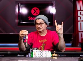 Steve Albini poses for a winnerâ€™s photo at the 2022 World Series of Poker after winning Event #32 $1,500 Seven-Card Stud. (Image: WSOP)